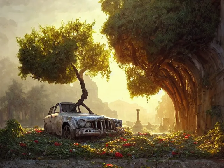 Image similar to a tree growing inside scrap car in ancient greek ruins, gray wasteland, many overgrown scrap cars, pillars and arches, colorful flowers, vines, cinematic, ray of golden sunlight, alphonse mucha, greg rutkowski, trending on artstation, artgerm, breathtaking, smooth, mark arian, award winning