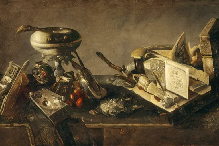 Prompt: a vanitas painting depicting an NVIDIA RTX A100 GPU, graphics card