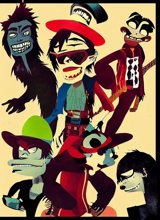 Image similar to gorillaz, official art by jamie hewlett, phase 2, demon days, desaturated colours