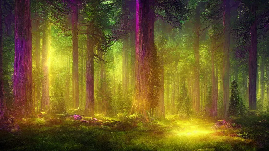 Prompt: portrait of an ethereal evergreen forest made of green and purple light with log cabin made of golden light, divine, cyberspace, mysterious, dark high-contrast concept art