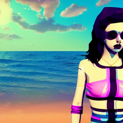 Prompt: fullbody vaporwave art of a fashionable zombie girl at a beach, early 9 0 s cg, 3 d render, 8 0 s outrun, low poly, from hotline miami, album art