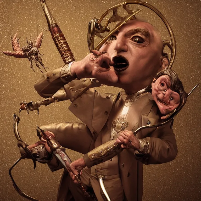 Image similar to octane render portrait by wayne barlow and carlo crivelli and glenn fabry and salvador dali and wes anderson, tiny little evil gremlin wearing a high - end gucci three piece suit while stabbing people in the leg with a trident, cinema 4 d, ray traced lighting, very short depth of field, bokeh