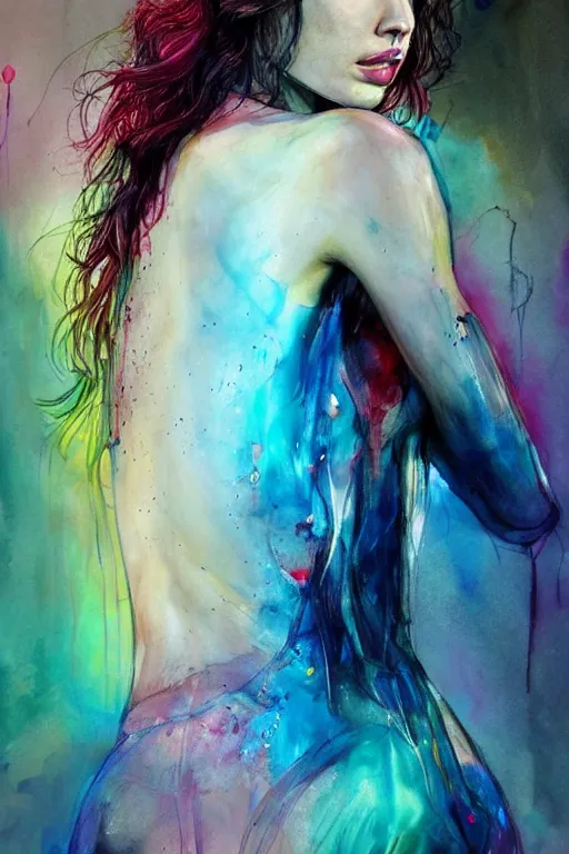 Image similar to gal gadot by agnes cecile enki bilal moebius, intricated details, 3 / 4 back view, full body portrait, extremely luminous bright design, pastel colours, drips, autumn lights