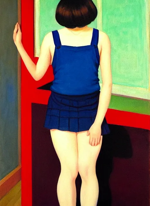 Image similar to oil painting of an asian annasophia robb in a learning uniform wearing stockings, teaching you a lesson in a void room full of existential horror painted by Bryan Lee O'Malley and Edward Hopper, John Singer Sargant, inspired by paintings of Francis Bacon and melting color palette of Mark Rothko