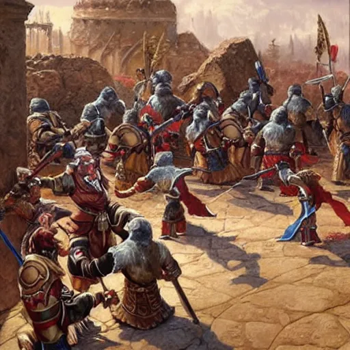 Prompt: DnD dwarves in gladitorial duel. Epic painting by james gurney. Dwarf gladiators in the coliseum.