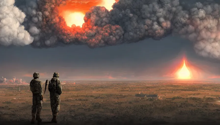 Image similar to back view of soldiers watching huge nuclear explosion in the horizon over washington dc, hyperdetailed, artstation, cgsociety, 8 k