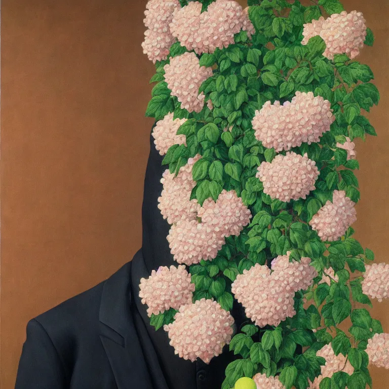 Image similar to portrait of a man, face hidden by beautiful flowers, by rene magritte, detailed painting, hd, hq, high resolution, high detail, 4 k, 8 k