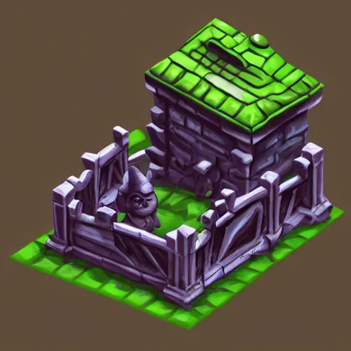 Prompt: isometric haunted crypt asset, with statue of mr toad, haunted mansion, 3 d render, toon shader, painterly style