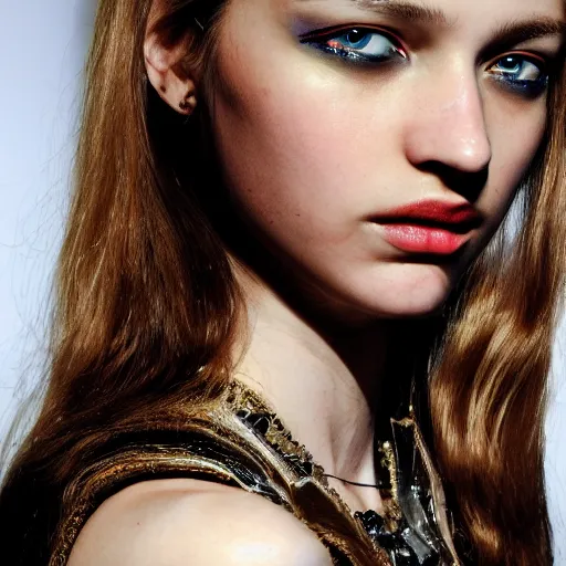 Prompt: A beautiful portrait of Daria Strokous as a model at Chanel fashion show as a model Spring/Summer 2010, highly detailed, in the style of cinematic, Milan fashion week backstage, Extreme close up, Makeup by Pat McGrath, Hair by Guido Palau, Greg rutkowski