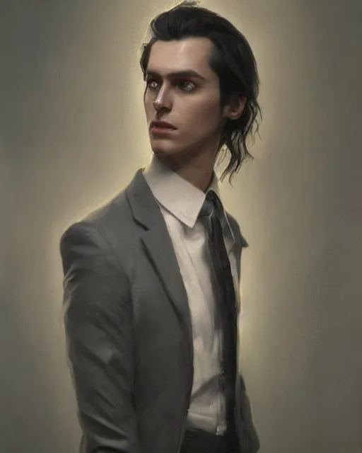 Image similar to A hyper realistic oil painting of a 20 year old high elf with a sharp facial features, dressed in a grey suit, shoulder length black hair, clean shaven, dark eyes, by Greg Rutkowski, creepy atmosphere, moody cinematic lighting, trending on artstation