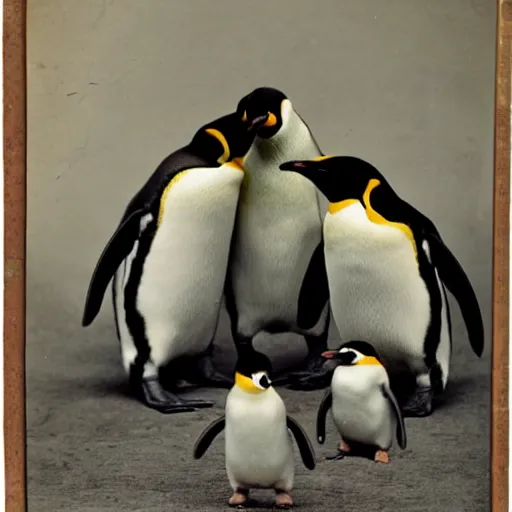 Prompt: a family portrait of penguins, vintage 1800s picture