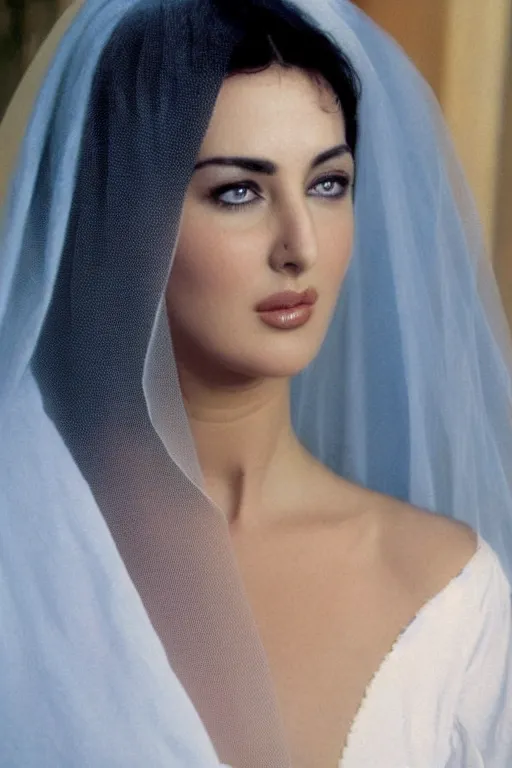 Prompt: young arab Monica Bellucci, blue eyes, long wavy black hair, white veil, closeup, focus, colored, middle eastern