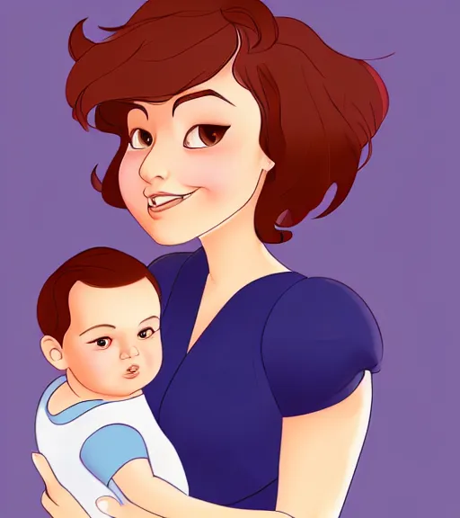 Image similar to a mother with short shoulder length dark auburn hair, short and curvy and a slightly chubby face holding her infant son with short brown hair full color digital illustration in the style of don bluth, artgerm, artstation trending, 4 k