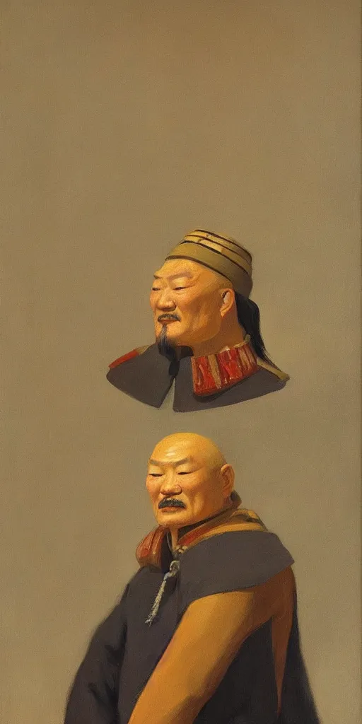 Prompt: a stunning and noble highly detailed portrait of genghis khan by edward hopper, trending on artstation, oil painting masterpiece, symmetry, mysterious, very very very aesthetic