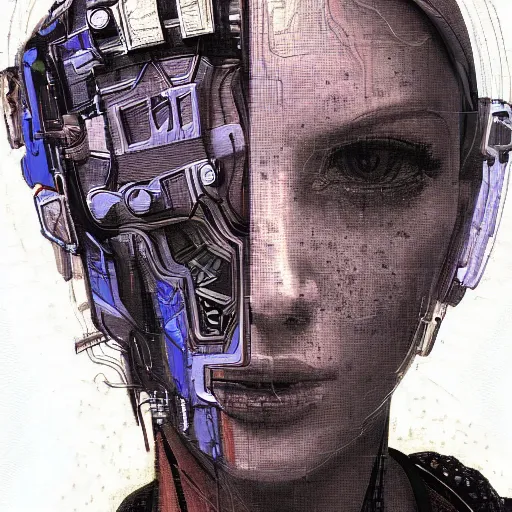 Image similar to portrait of a cyberpunk character, ( ( ( art by johannes vermeer ) ) ), cybernetic implant, award winning, masterpiece, intricate, dramatic light, detailed face, highly detailed, asymmetrical, dark