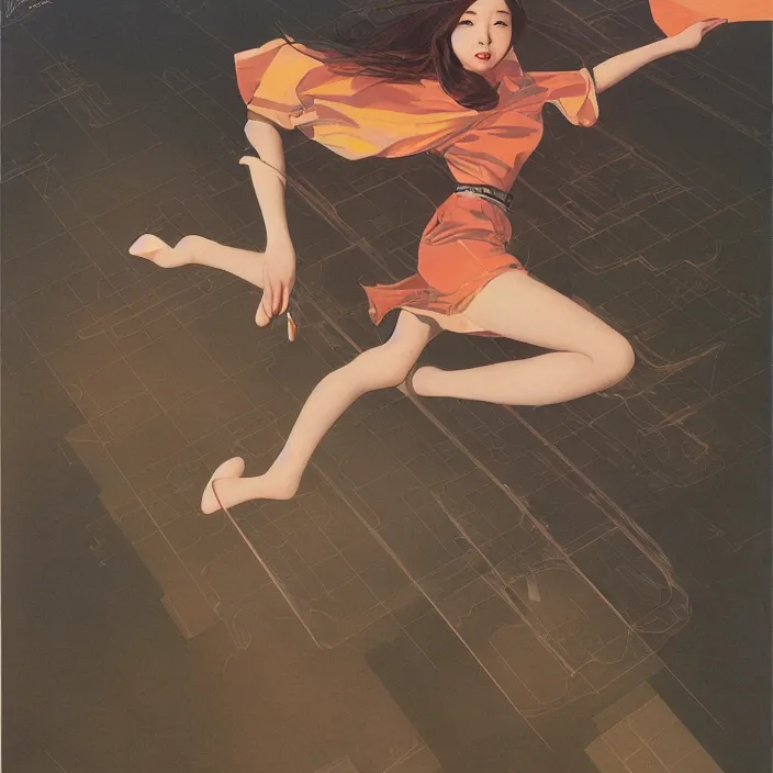Prompt: feminine korean girl, sharp, bauhaus, aerodynamic, fast, flat art, digital art, hd, by bruce pennington, by escher