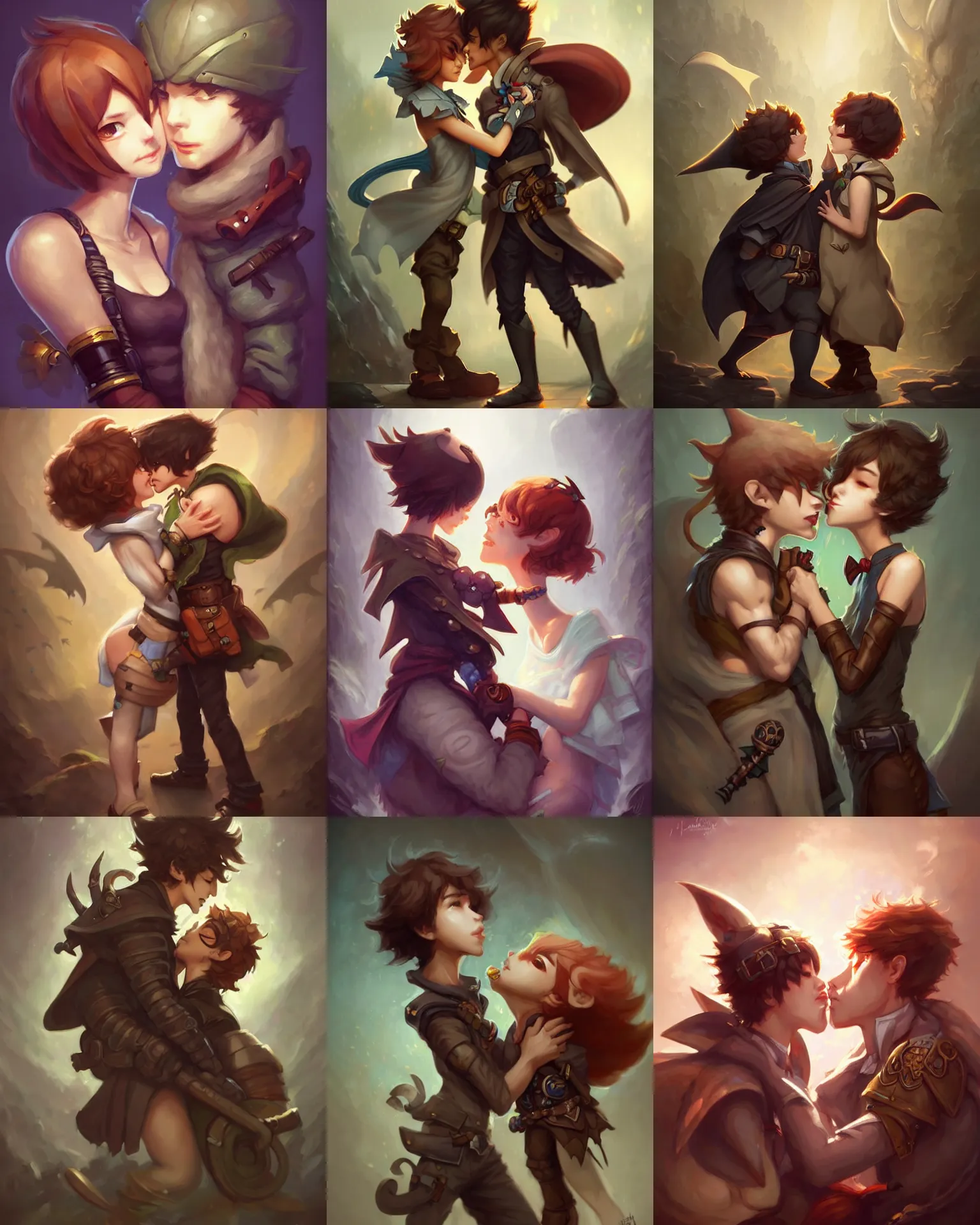 Prompt: cute little anthropomorphic akechi and makoto kissing, cute and adorable, pretty, beautiful, dnd character art portrait, matte fantasy painting, deviantart artstation, by jason felix by steve argyle by tyler jacobson by peter mohrbacher