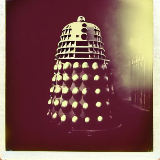 Prompt: oldschool dalek in London, riverbank, mist, beautiful polaroid photo, by Warhol,