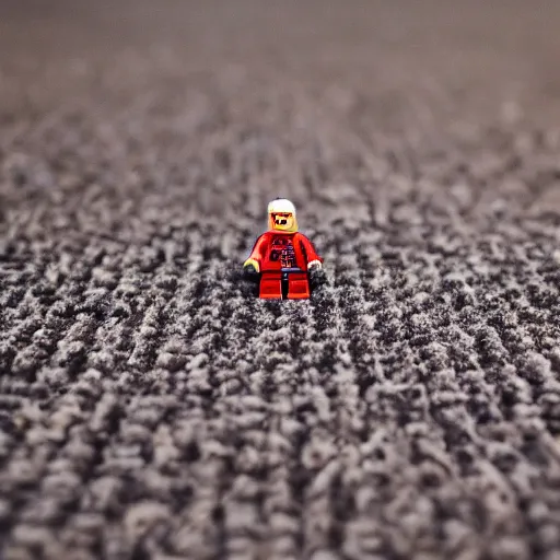 Prompt: macro photography of a minifigure walking on the carpet, 3 5 mm