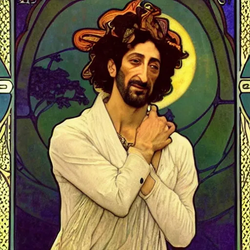 Prompt: adrien brody portrait by louis - theophile hingre and alphonse mucha, realistic, sharp focus, zodiac signs, tarot cards, planets, ethereal, art nouveau, magic, moon, sun, crown, dreamy, royal, jewellery