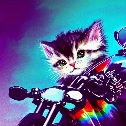 Prompt: wide angle full body, jacket wearing fluffy cute rainbow kitten wearing a black leather motorcycle jacket, riding on a motorcycle, cinematic concept art