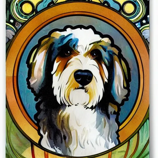 Prompt: cute, pop art style blonde bernedoodle, watercolor painting, by alphonse mucha and william morris