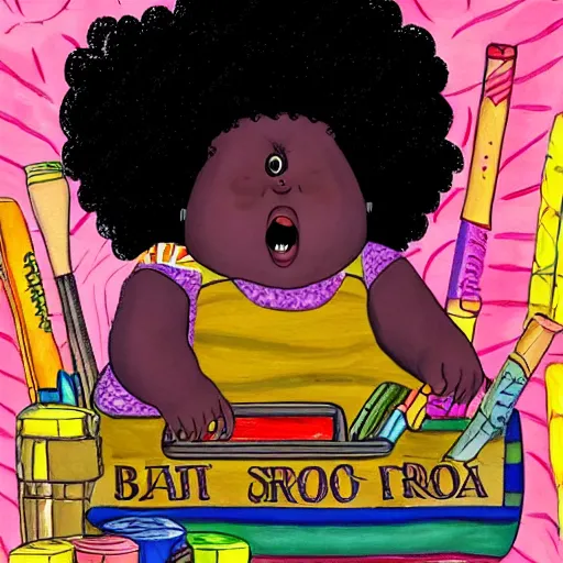 Image similar to a fat girl with a big afro sitting in a boat who is eating crayons