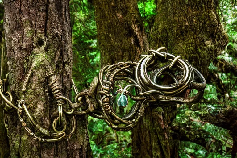 Image similar to photograph of a fantasy style shackle in an ancient forest