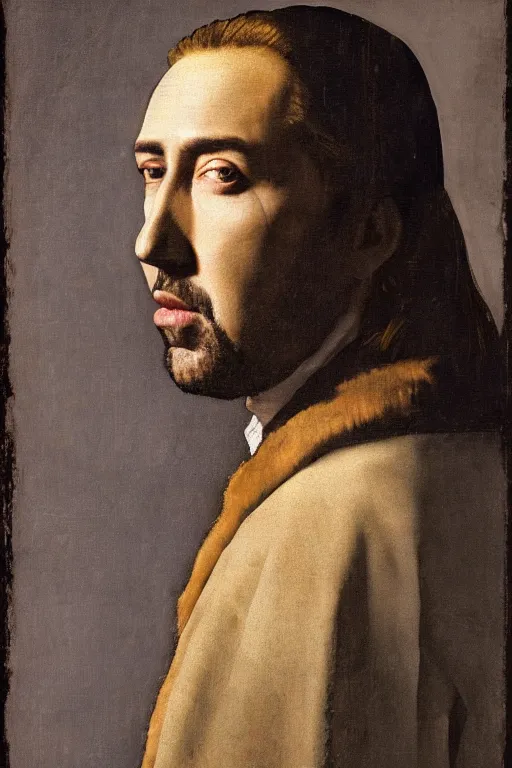 Image similar to portrait of Nicholas Cage by Johannes Vermeer, epic lighting