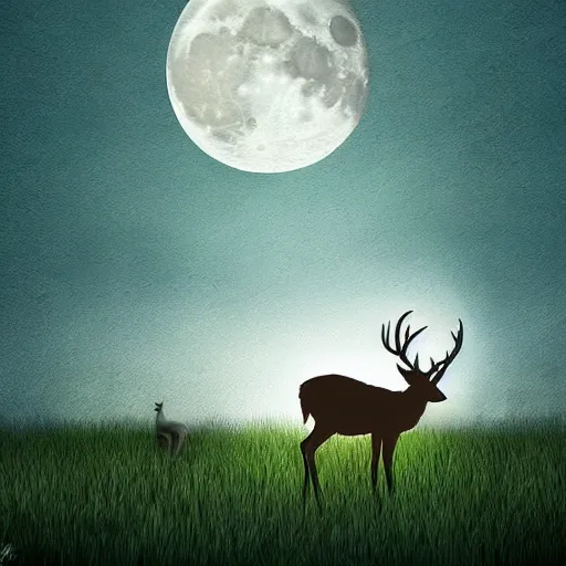 Prompt: a landscape, moon is full in the sky, a deer eating grass, digital art