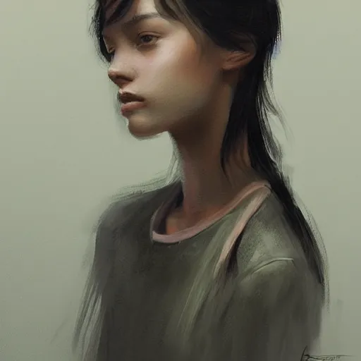 Image similar to portrait of a young woman by greg rutkowski, she is about 2 0 years old, mixture between russian and japanese, pretty, black bob hair with two strands around her face, very tall and slim, wearing a oversized jumper jumpsuit, highly detailed portrait, digital painting, artstation, concept art, smooth, sharp foccus ilustration, artstation hq