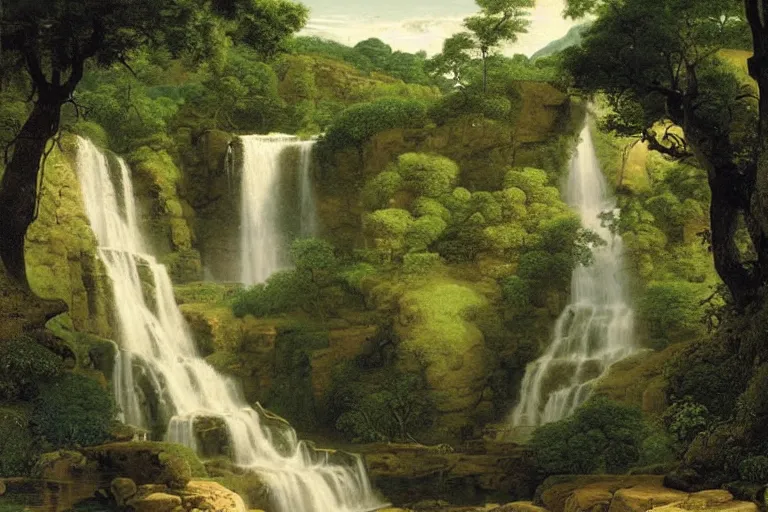 Prompt: top down isometric view of a massive waterfall flowing into a circular pool of water surrounded by densely packed trees, painting by martin johnson heade