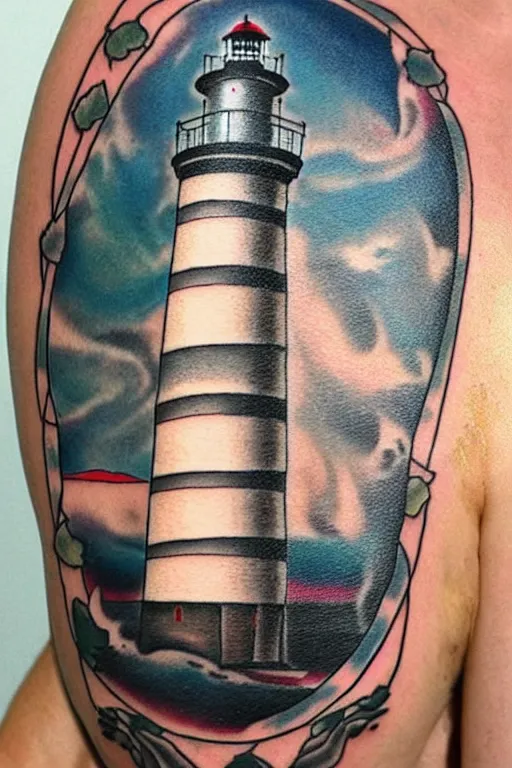 Image similar to American traditional tattoo of a lighthouse