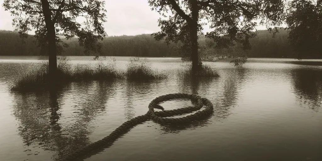 Image similar to symmetrical photograph of an infinitely long rope submerged on the surface of the water, the rope is snaking from the foreground towards the center of the lake, a dark lake on a cloudy day, trees in the background, moody scene, dreamy kodak color stock, anamorphic lens