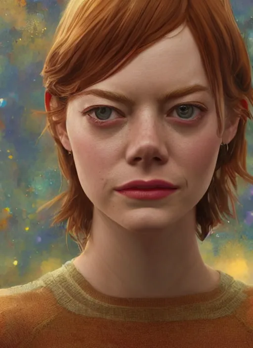 Image similar to emma stone, hyper detailed, digital art, trending in artstation, cinematic lighting, studio quality, smooth render, unreal engine 5 rendered, octane rendered, art style by klimt and nixeu and ian sprigger and wlop and krenz cushart.