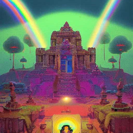 Image similar to overgrown jain temple of death with glowing mayan rainbow skulls, by michael whelan and moebius and beeple and kilian eng and dan mcpharlin and pascal blanche and jamie hewlett and richard dadd, symmetrical, magical stormy reflections, smoke on water, disco laser rays, 8 k