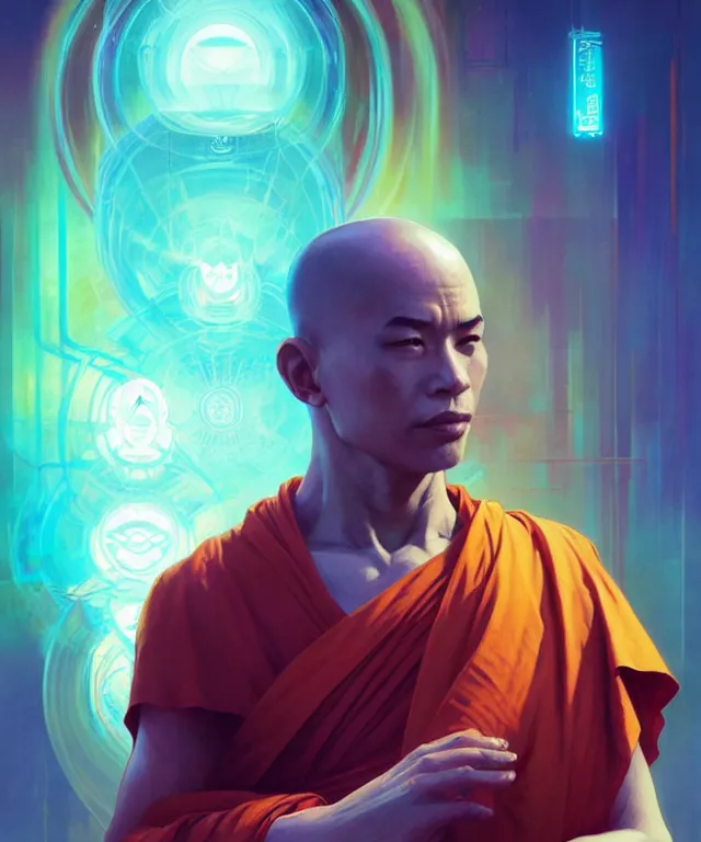 Image similar to a floating monk, meditating, wearing netrunner clothing, vaporwave aesthetic, colorful, psychedelic, digital painting, artstation, concept art, smooth, sharp focus, illustration, art by artgerm and greg rutkowski and alphonse mucha