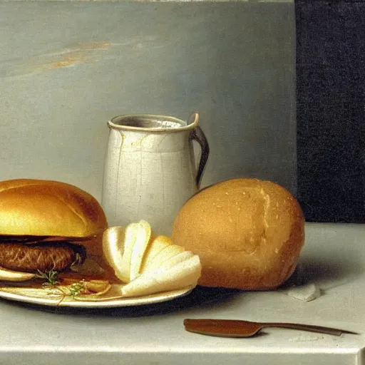 Prompt: hamburger and french fried in still life. dutch masters, 1 8 th century, oil on canvas