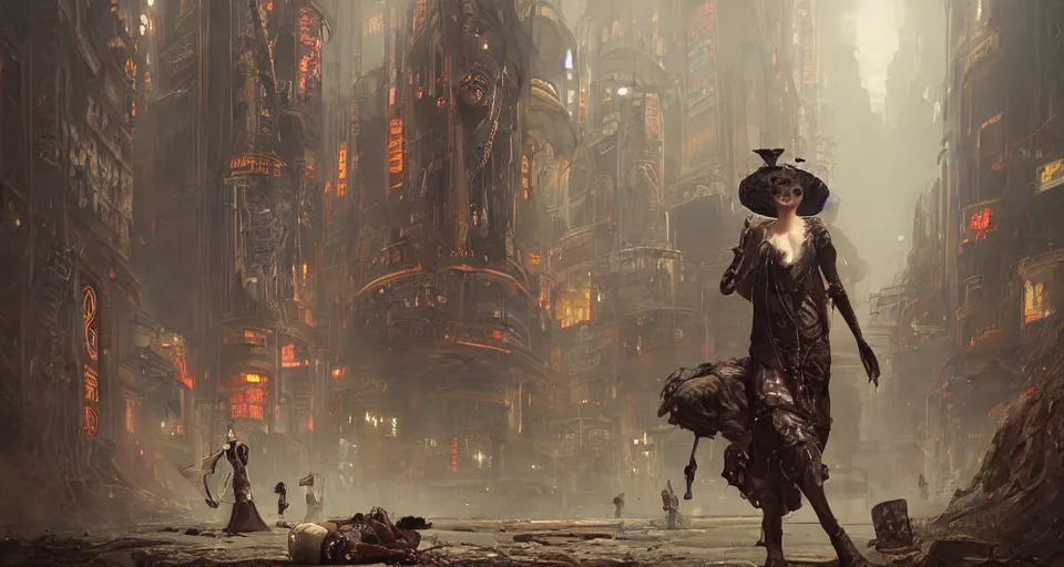 Image similar to a highly detailed epic cinematic concept art CG render digital painting artwork scene: retrofuturistic 1920s cyberpunk steampunk clockwork beggar covered with veil lying on the ground. By Greg Rutkowski, Ilya Kuvshinov, WLOP, Stanley Artgerm Lau, Ruan Jia and Fenghua Zhong, trending on ArtStation, made in Maya, Blender and Photoshop, octane render, excellent composition, cinematic dystopian brutalist atmosphere, dynamic dramatic cinematic lighting, aesthetic, very inspirational, arthouse