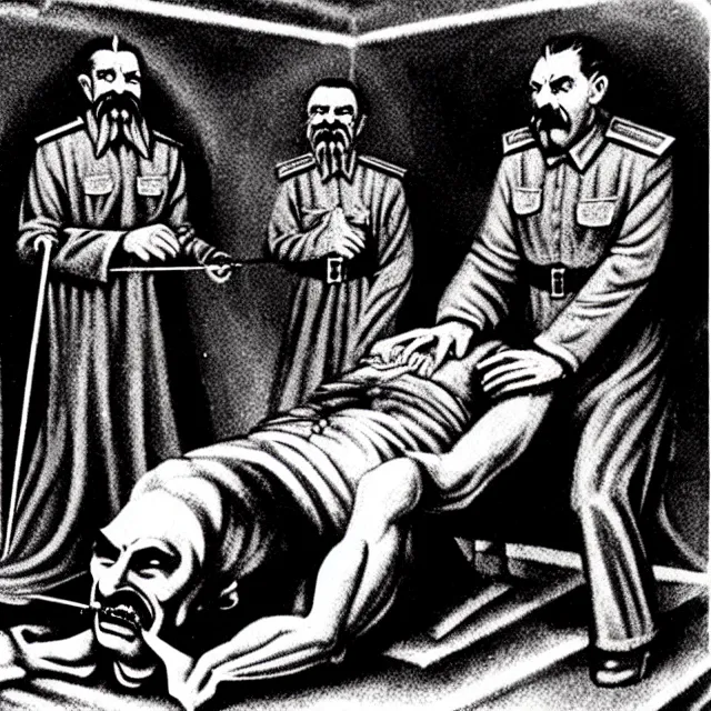 Image similar to orthodox horror icon of stalin being tortured in hell