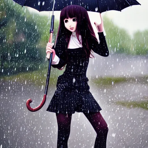 Image similar to anime girl in copron tights, in full growth, beautiful appearance, curly hair, holding an umbrella and it's raining, beautiful figure