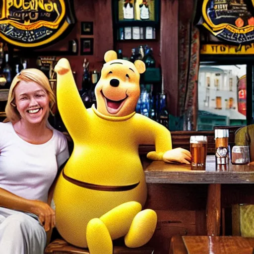 Prompt: winnie the pooh and a blonde woman enjoying a couple of pints in a pub together.