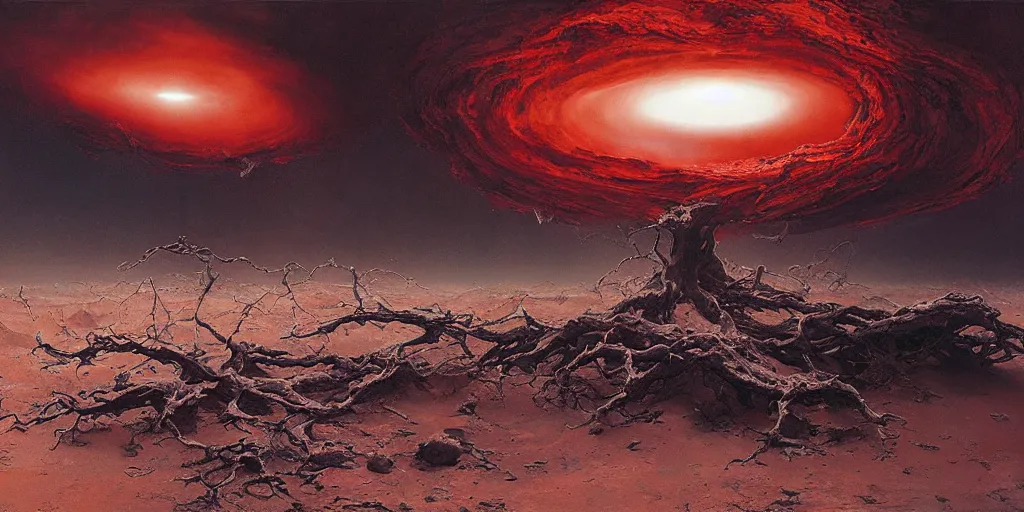 Prompt: supernova tornado, alien surface planet covered with black tree roots, red desert mars, norilsk, painted by ruan jia, raymond swanland, lawrence alma tadema, zdzislaw beksinski, norman rockwell, jack kirby, tom lovell, alex malveda, greg staples, steve mccurry