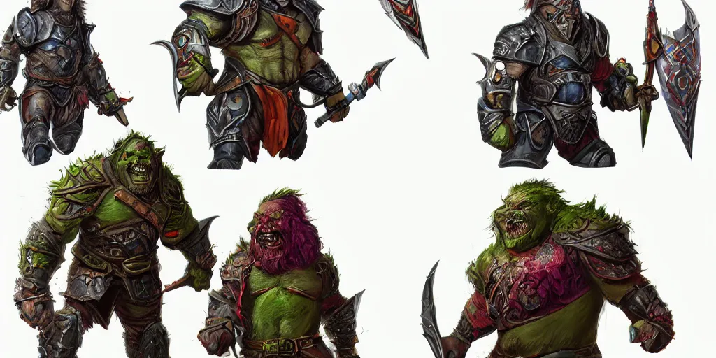 Image similar to three different views of orcs in armour, colourful intricate! concept art by senior character artist, trending on artstation, artstation hd, full body