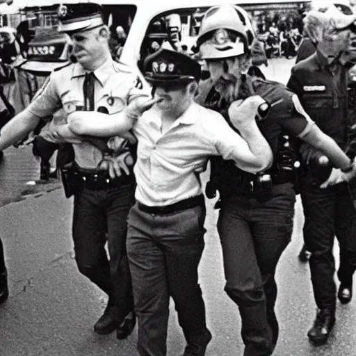 Prompt: Photograph of the Crazy Frog being arrested in a 1970s protest