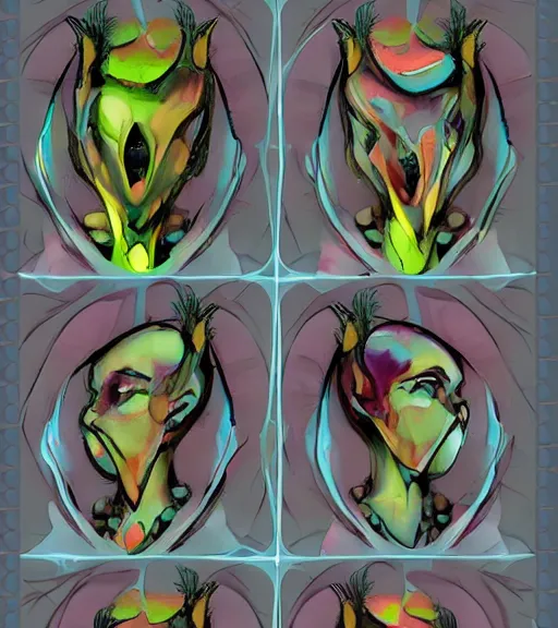Image similar to abstract character portrait art, ant alien, trending in artstation, flowers at each frame border