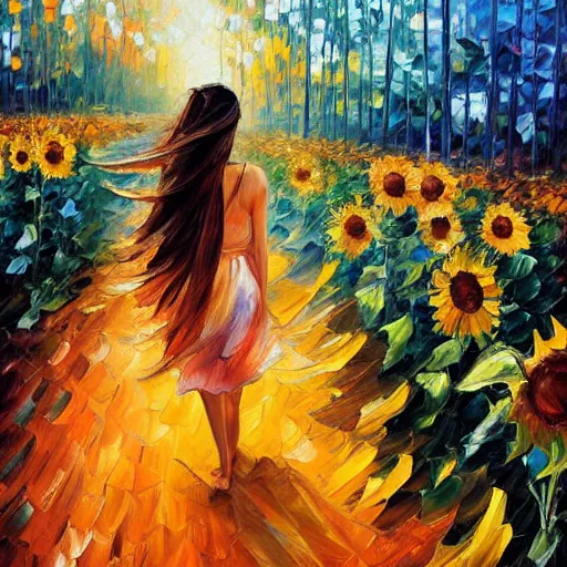 Image similar to a girl slowly walking through amazing tall sunflower field, her hair flowing down, subtle, intricate details, real masterpiece, oil on canvas, by leonid afremov