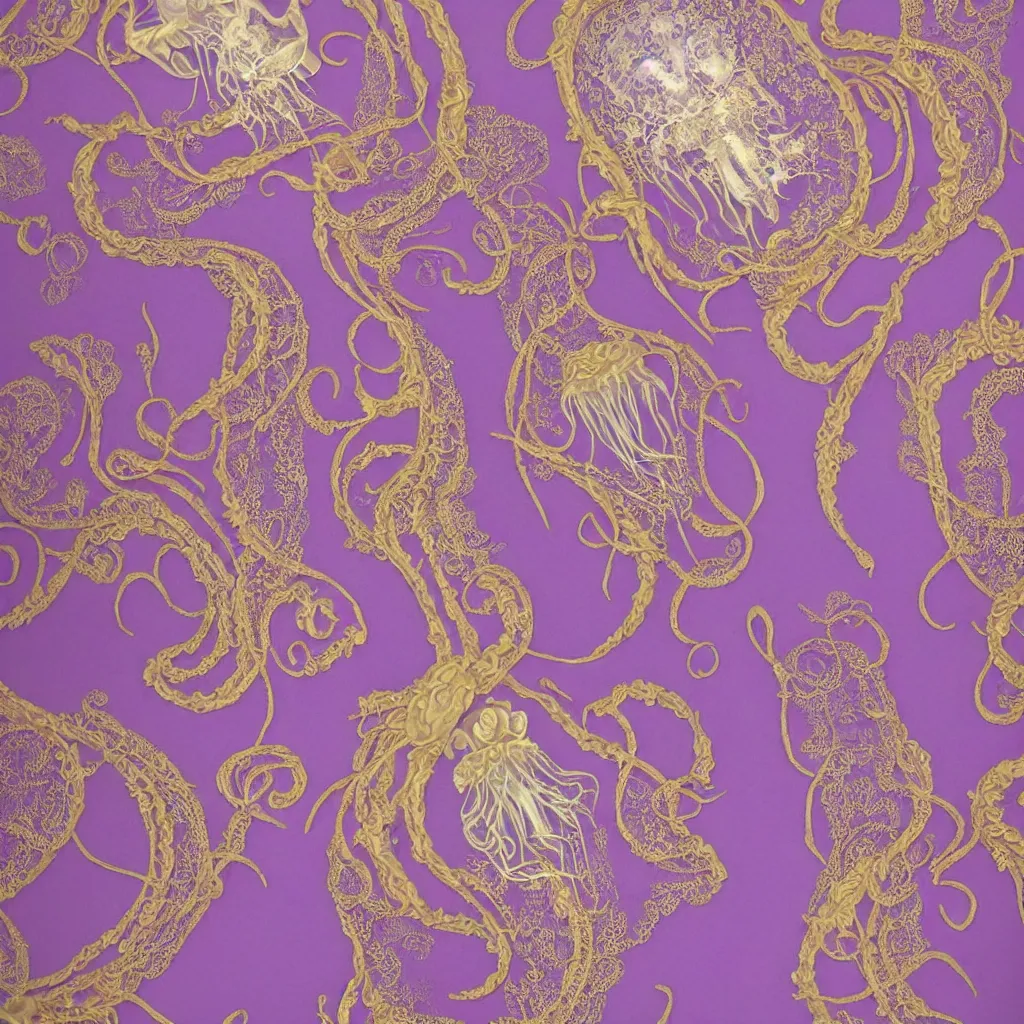 Image similar to purple dress design in the style of rococo ,Victorian era，jellyfish element,Gold lace element,dreamy, soft ,Backlight ,luminescence,Aetherpunk,highly detailed,8k
