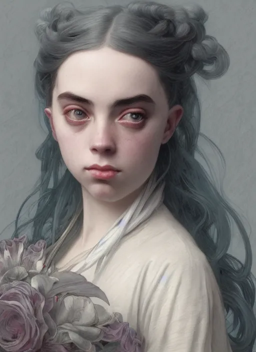 Prompt: Portrait of Billie Eilish in victorian london, elegant, highly detailed, fantasy, art by artgerm and greg rutkowski and alphonse mucha and Wayne Barlowe and william-adolphe bouguereau, smooth, sharp focus, octane render