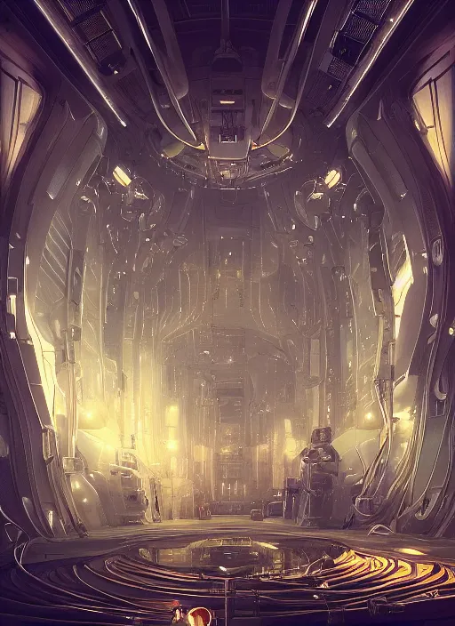 Prompt: Detailed Interior of a technological future cathedral spacecraft interior with cables and greebles, light of god, light shafts, candles, stunning atmosphere, in Style of Peter Mohrbacher, cinematic lighting